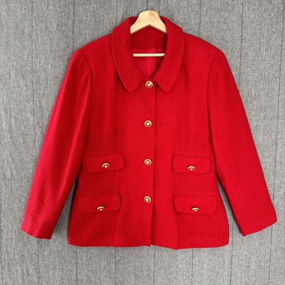 80s Vintage Union Made Cherry Red 92% Wool Blend Gold Button Blazer Size 16 / XL - Picture 1 of 14